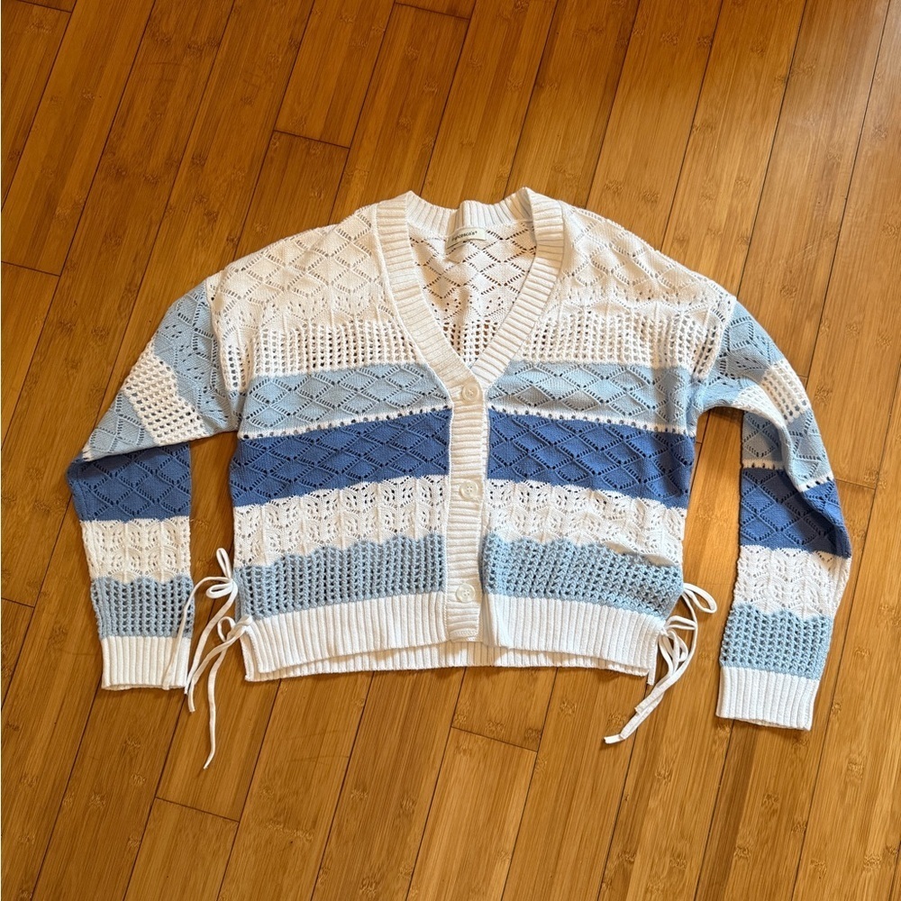 Francesca's Collections Cream and Blue Knit Cardigan with Bow Tie Accents